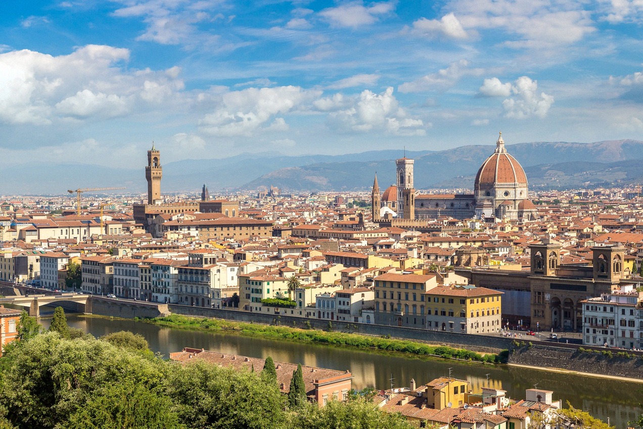 City panorama of Florence from Piazzale Michelangelo with the cathedral and bell tower