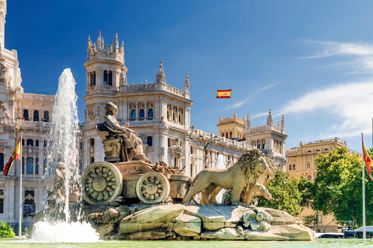 The Cibeles Fountain on Plaza de Cibeles with the goddess on her lion-drawn chariot