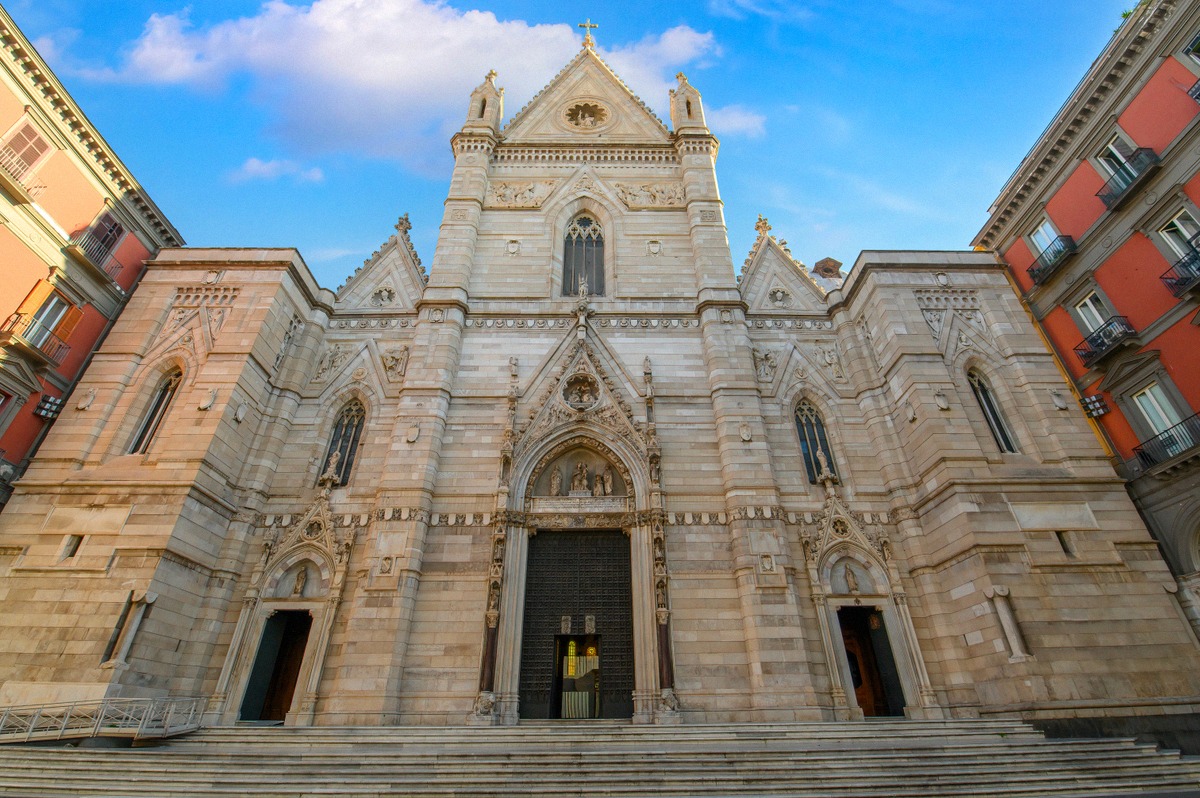 Neo-Gothic pointed-arch facade of Naples Cathedral, Santa Maria Assunta
