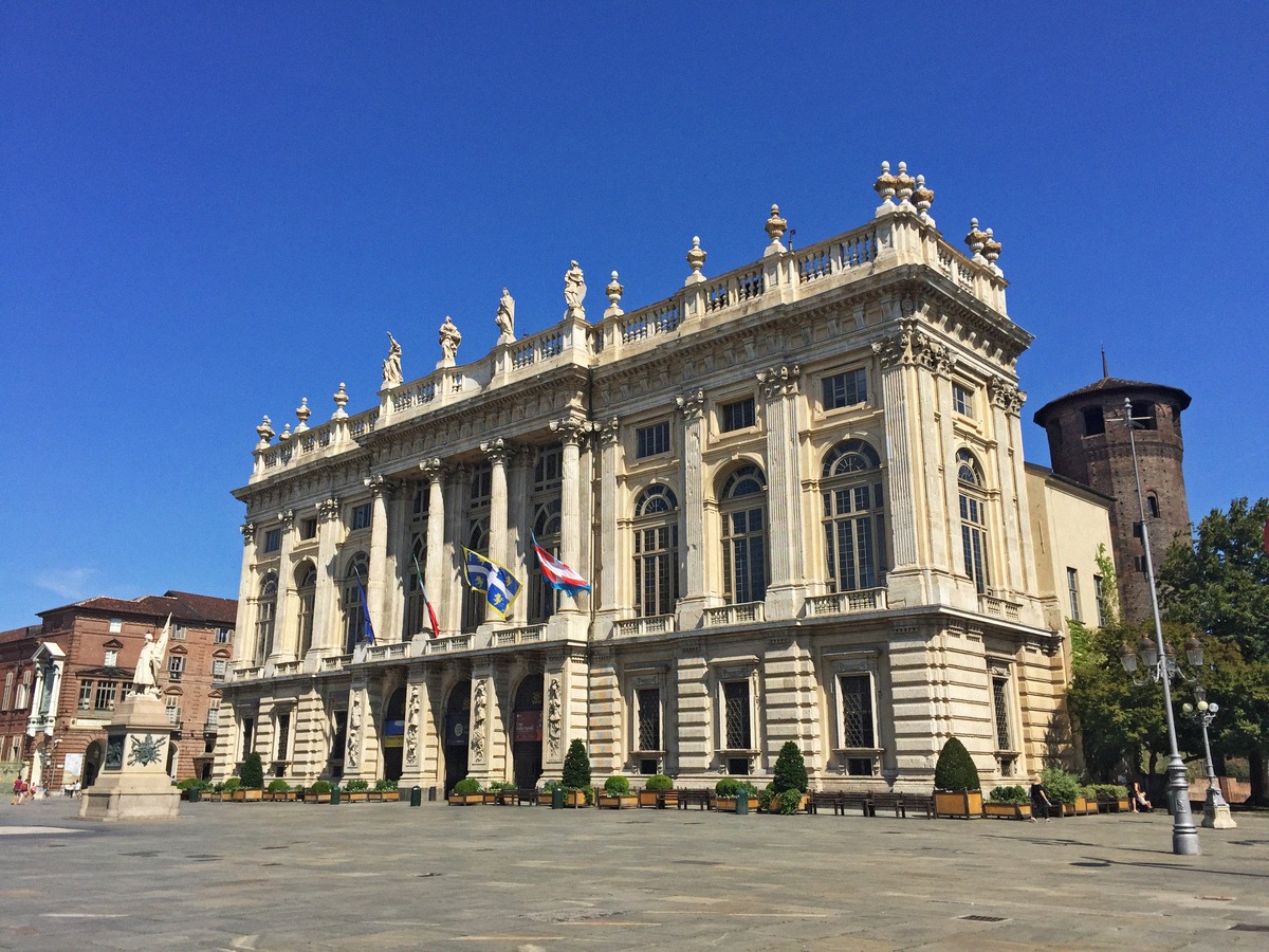 Medieval core of the Palazzo Madama on Piazza Castello with its distinctive corner towers